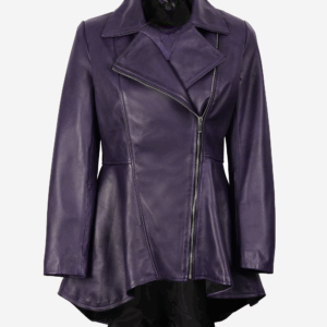 Womens Asymmetrical Purple Leather Peplum Jacket