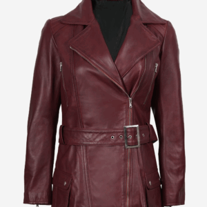 Women's Asymmetrical Maroon Belted Biker Leather Jacket