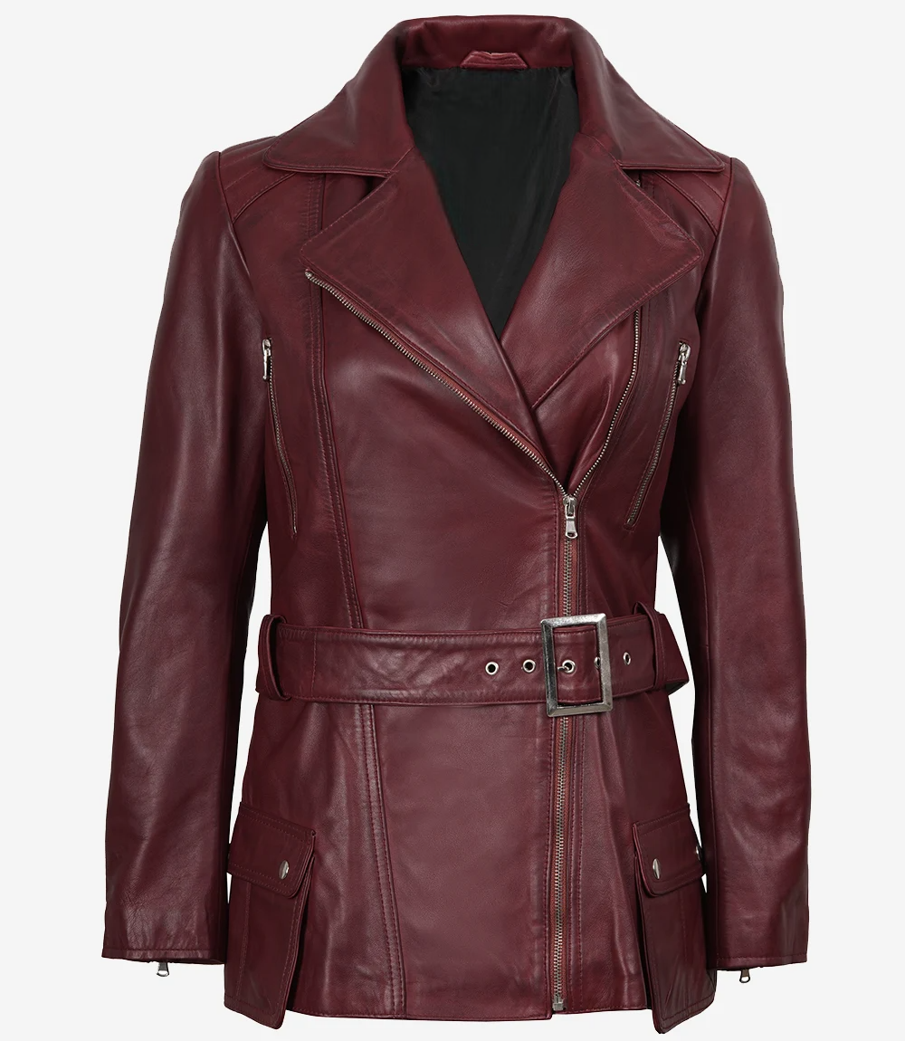 Women's Asymmetrical Maroon Belted Biker Leather Jacket