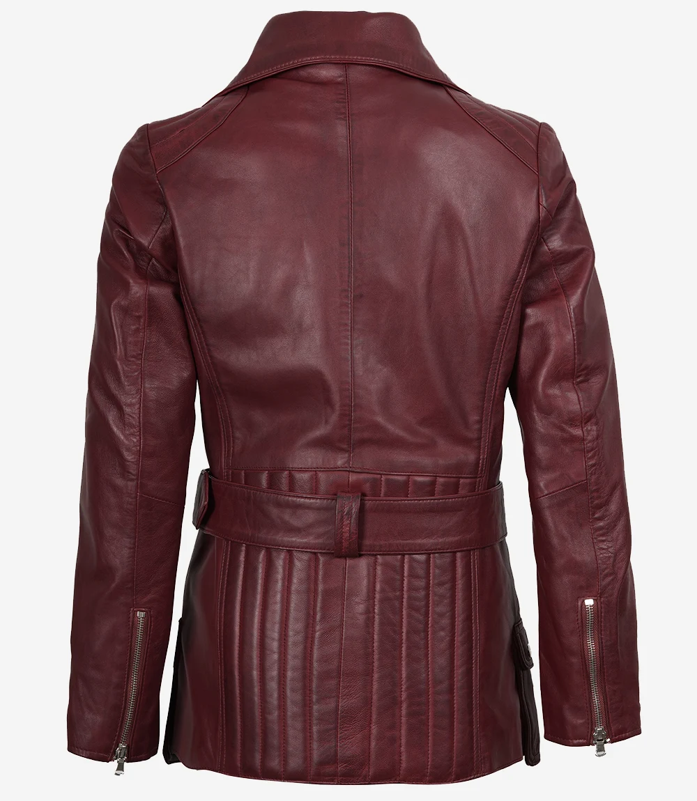 Women's Asymmetrical Maroon Belted Biker Leather Jacket