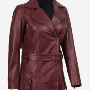 Women's Asymmetrical Maroon Belted Biker Leather Jacket