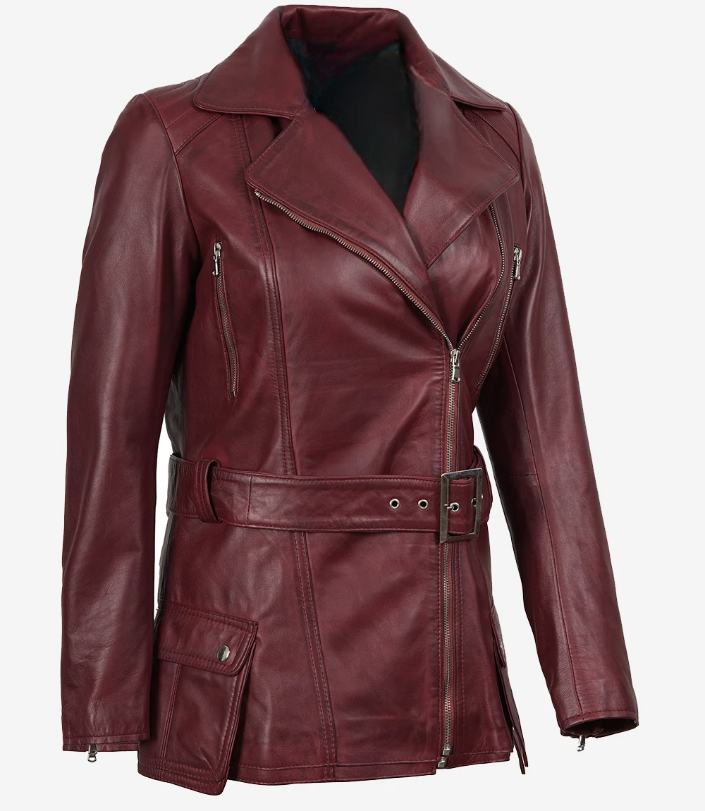 Women's Asymmetrical Maroon Belted Biker Leather Jacket