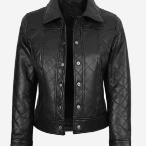 Womens Black Quilted LeatherJacket Harrington Style (2)