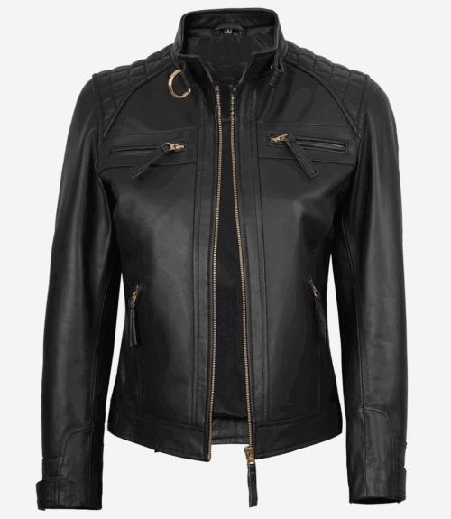 Womens Black Real Leather Biker Style Jacket