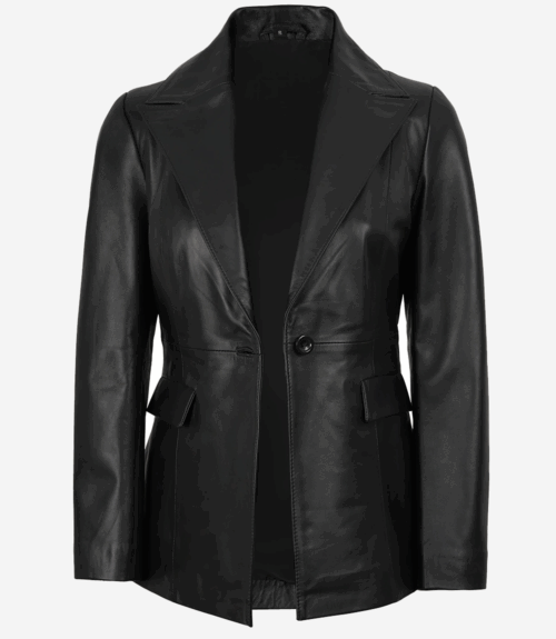 Womens Black Single Button Leather Blazer