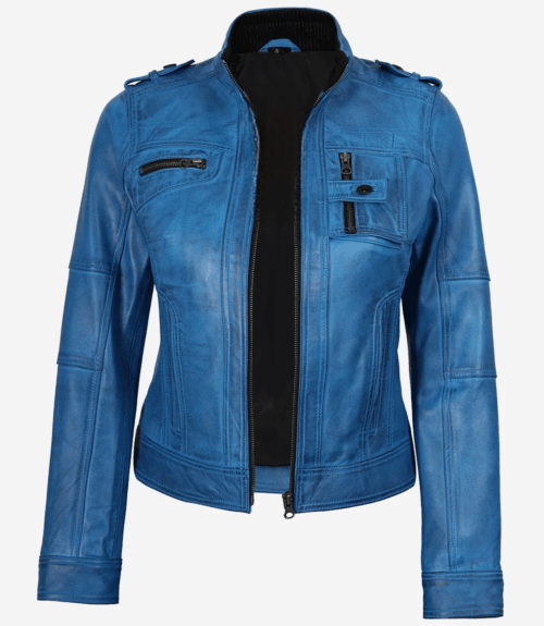 Women's Blue Waxed Lambskin Leather Biker Jacket