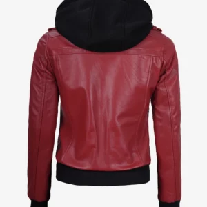 Womens Red Hooded Bomber Leather Jacket