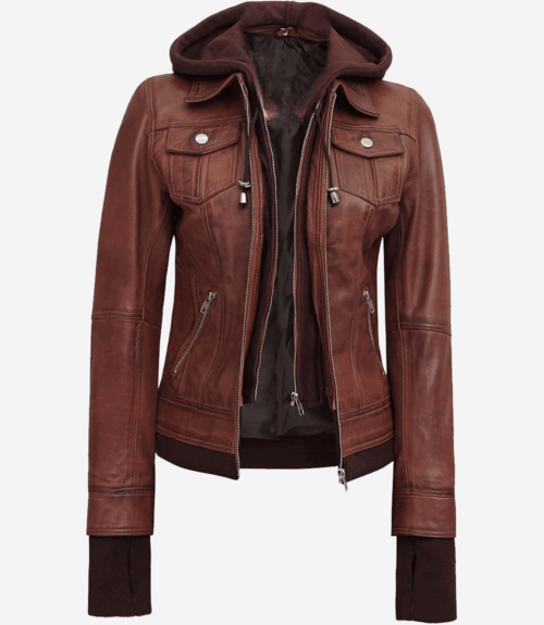 Tralee Women's Brown Bomber Leather Jacket With Removable Hood