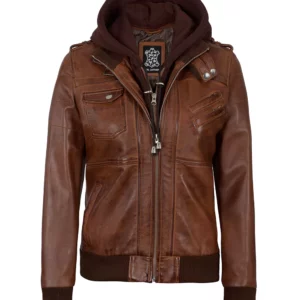 Womens Brown Leather Bomber Jacket With Hood