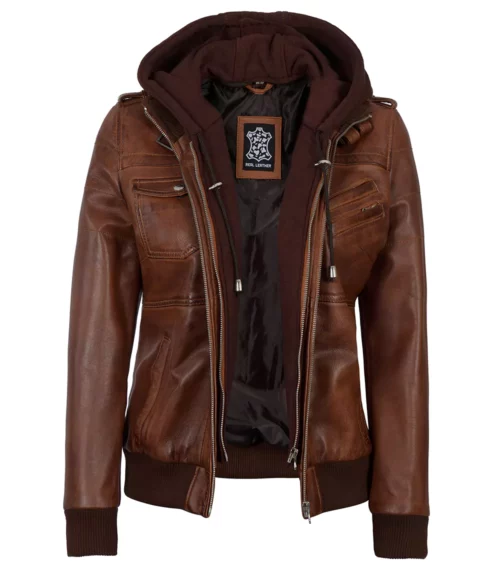 Womens Brown Leather Bomber Jacket With Hood