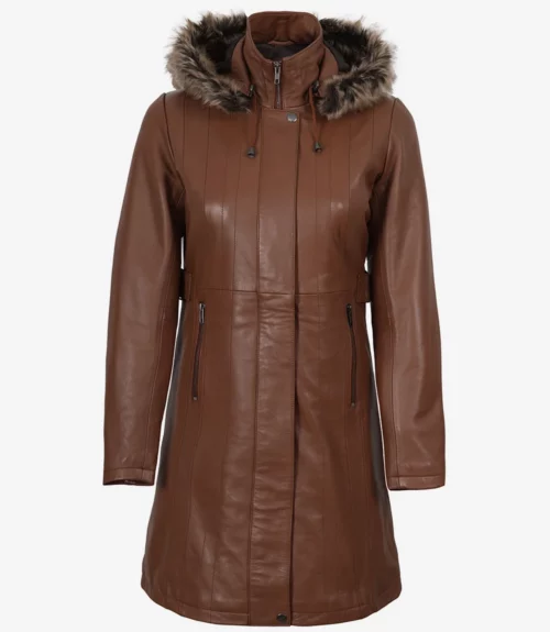 Women's Brown Real Leather Coat With Removable Hood