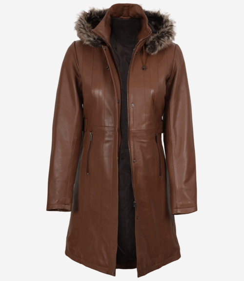 Women's Brown Real Leather Coat With Removable Hood