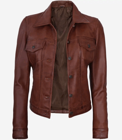 Womens Brown Trucker Leather Jacket