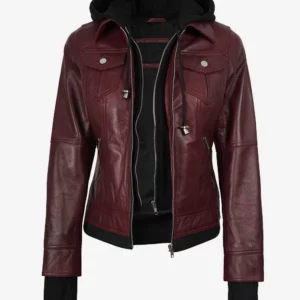 Womens Burgundy Bomber Leather Jacket With Removable Hood