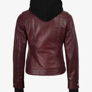 Womens Burgundy Bomber Leather Jacket With Removable Hood
