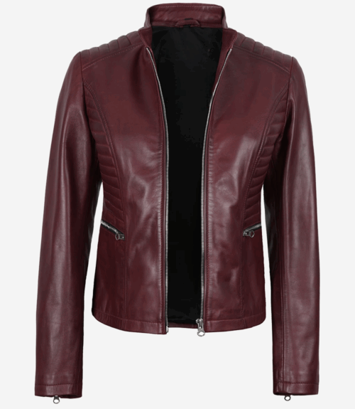 Women's Burgundy Leather Biker Style Jacket