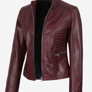 Women's Burgundy Leather Biker Style Jacket