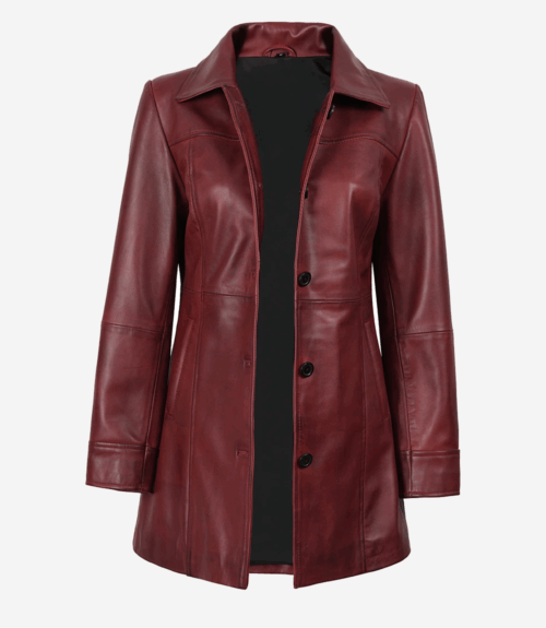 Womens Button Down Burgundy Leather Car Coat