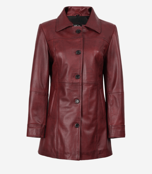 Womens Button Down Burgundy Leather Car Coat