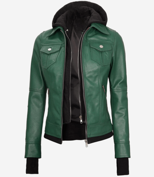 Womens Green Bomber Leather Jacket with Removable Hood