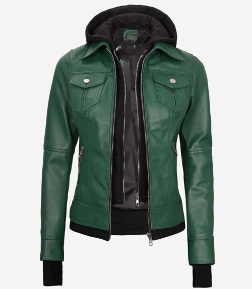 Womens Green Bomber Leather Jacket with Removable Hood