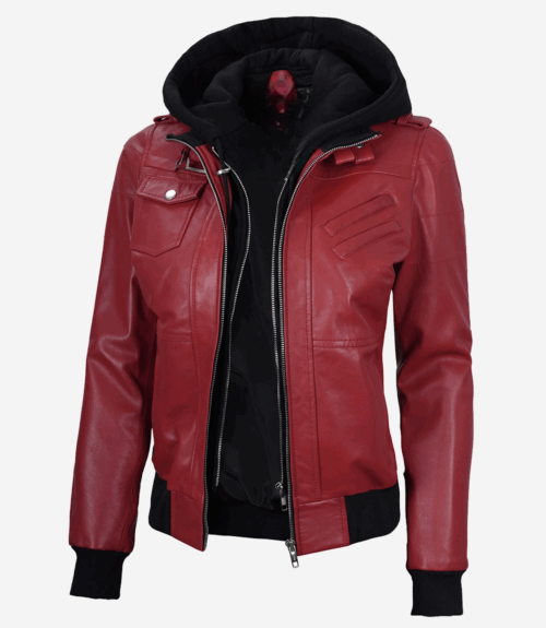 Womens Red Hooded Bomber Leather Jacket