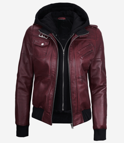 Womens Maroon Hooded Bomber Leather Jacket