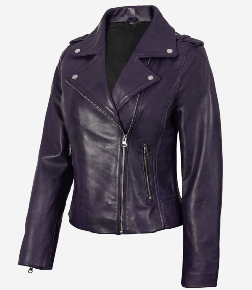 Women's Lambskin Asymmetrical Purple Biker Style Jacket