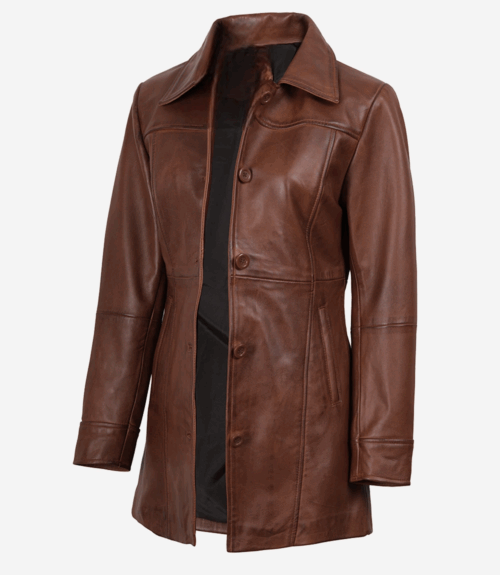 Womens 34 Length Button Down Leather Coat