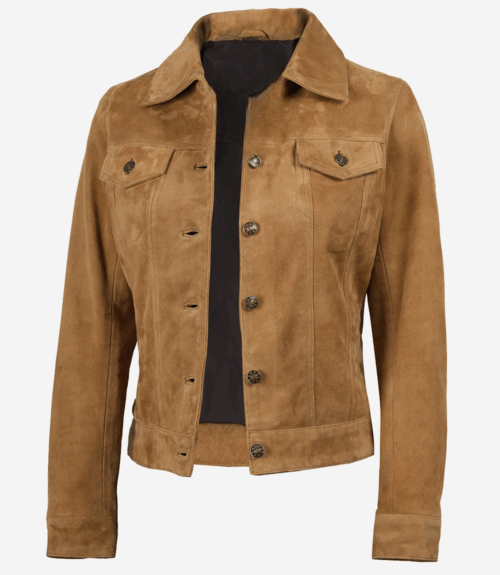 Women's Light Brown Suede Trucker Jacket