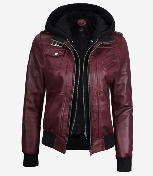 Womens Maroon Hooded Bomber Leather Jacket