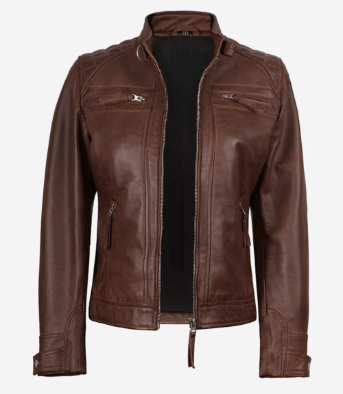 Womens Quilted Brown Leather Biker Style Jacket