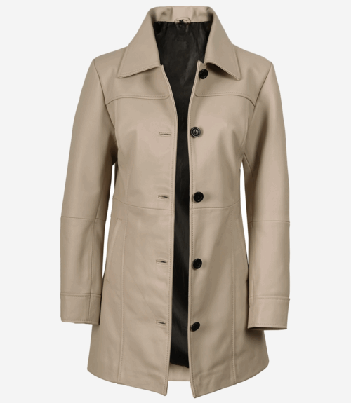 Women's Real Lambskin Leather 34 Length Beige Coat