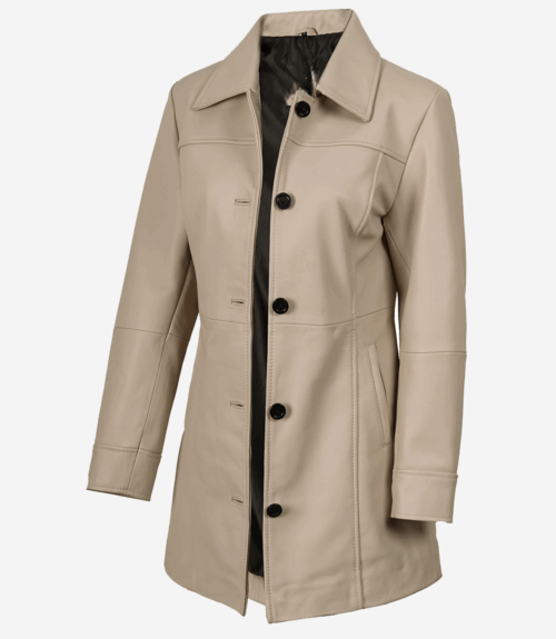 Women's Real Lambskin Leather 34 Length Beige Coat