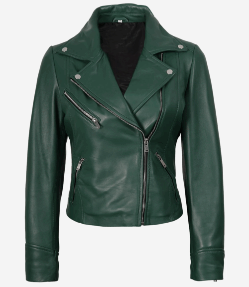 Womens Real Lambskin Leather Green Biker Jacket