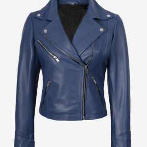 Womens Real Lambskin Leather Blue Biker Jacket