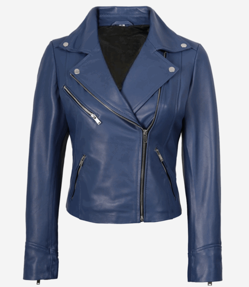 Womens Real Lambskin Leather Blue Biker Jacket