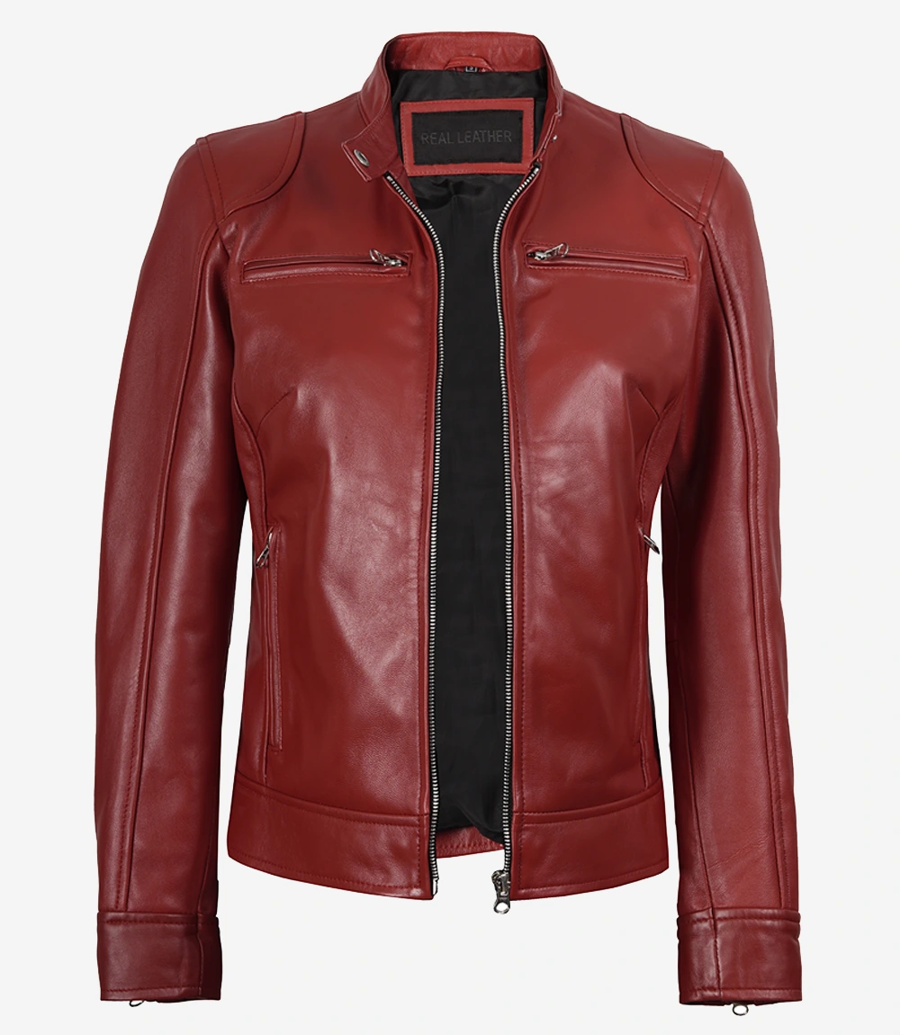 Womens Real Leather Red Biker Jacket