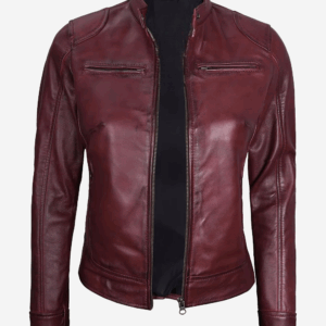 Womens Real Leather Burgundy Biker Style Jacket
