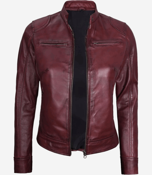 Womens Real Leather Burgundy Biker Style Jacket