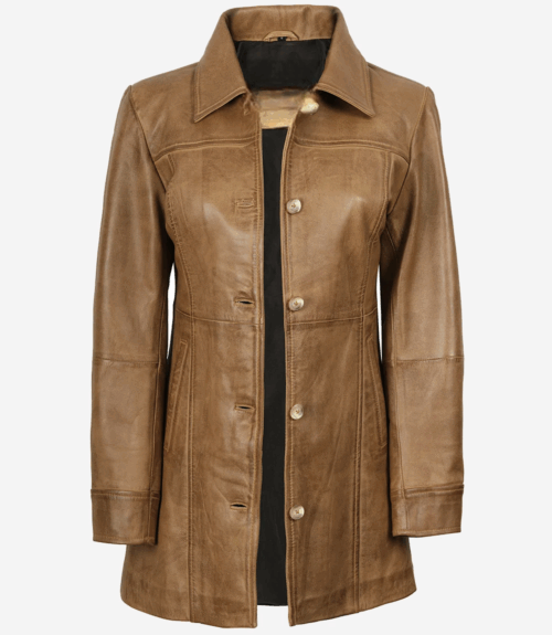 Womens Real Leather Camel Brown Coat