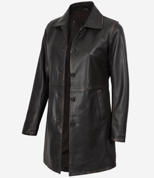 Women's Real Leather Distressed Brown 3/4 Length Coat