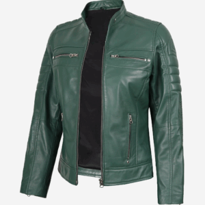 Womens Real Leather Green Biker Style Jacket
