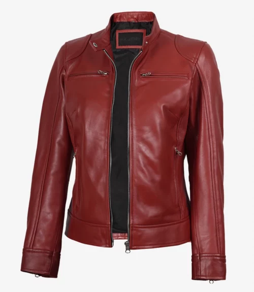 Womens Real Leather Red Biker Jacket