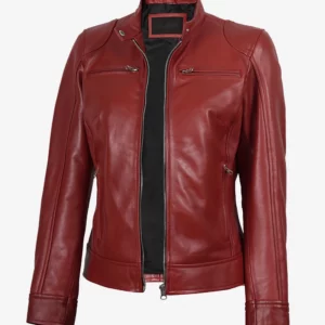 Womens Real Leather Red Biker Style Jacket