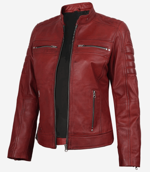 Womens Real Leather Red Waxed Biker Style Jacket