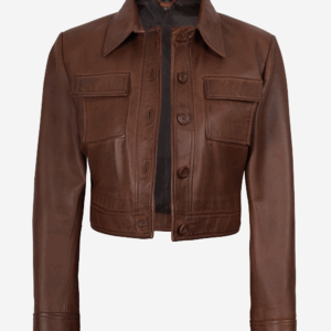 Womens Real leather Cropped Brown Trucker Jacket