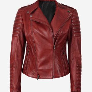 Women's Red Asymmetrical Padded Leather Biker Style Jacket