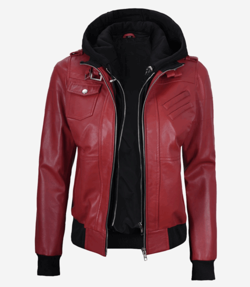 Womens Red Hooded Bomber Leather Jacket