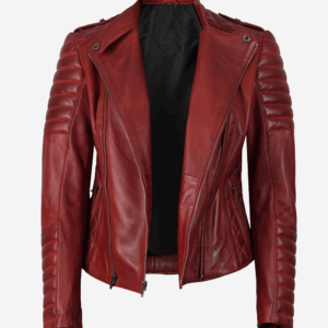 Women's Red Asymmetrical Padded Leather Biker Style Jacket